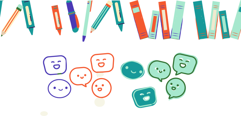 Colorful illustration of speech bubbles, books, and writing tools.