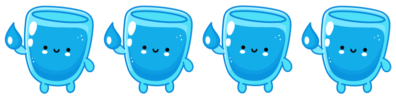 A cartoon smiling glasses of water with arms and legs, holding water droplets.