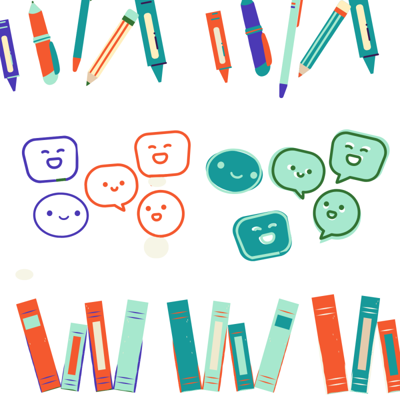 Colorful illustration of speech bubbles, books and writing tools