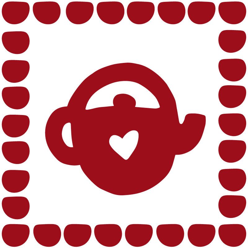 Red teapot with a heart in the center, surrounded by a border of red semi-circles on a white background.