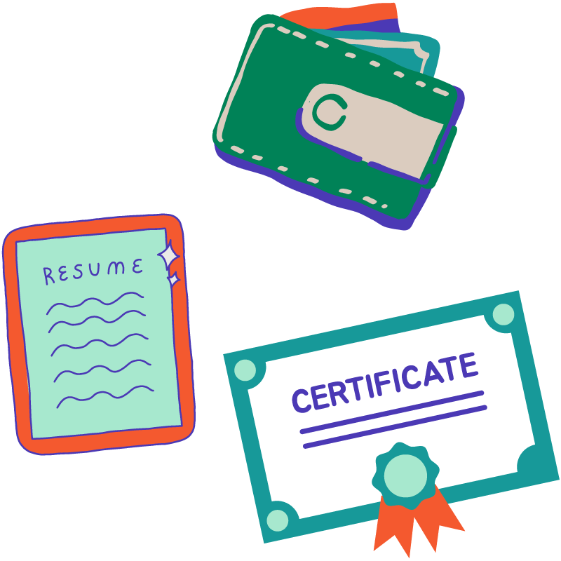 Illustrations of a resume, wallet, and a certificate.