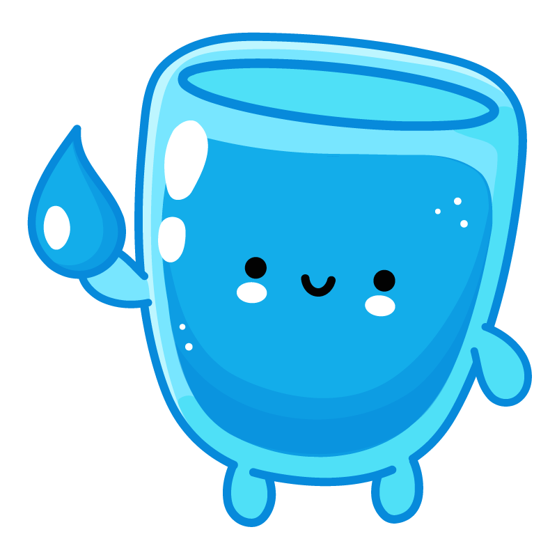 A cartoon smiling glass of water with arms and legs, holding a water droplet.